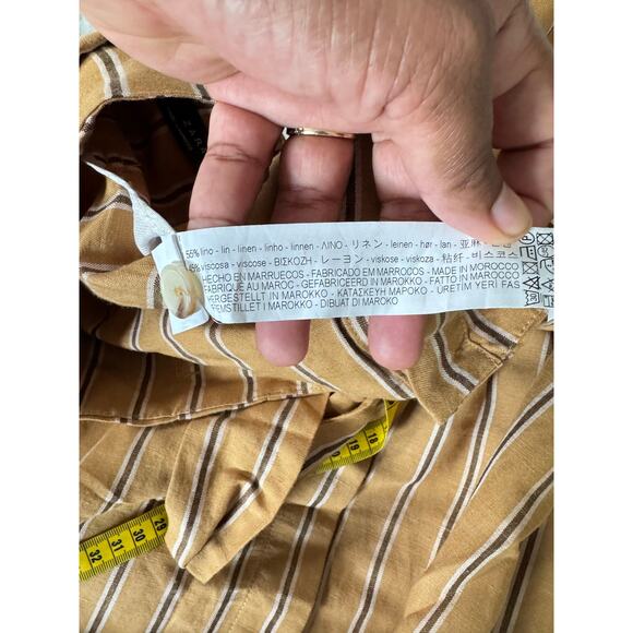 Zara Woman Mustard Brown Striped Midi Skirt Linen Blend Belted High Waist Size M - Picture 3 of 6